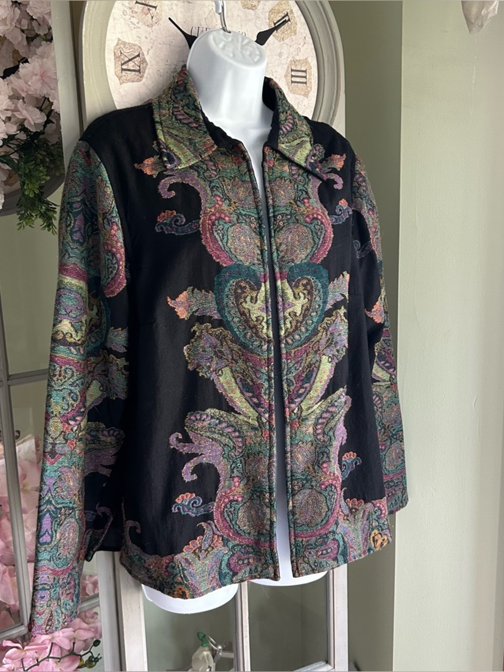 COLDWATER CREEK 100% Wool Woven Kashmiri Open Art-to-Wear Blazer Jacket Size M